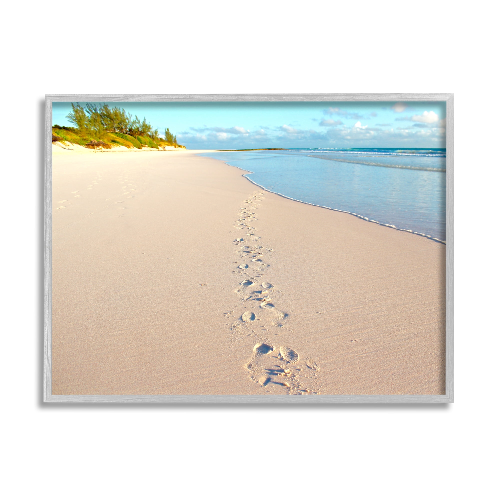 Stupell Indtries Sandy Footprints Across Beach Coastline Cloudy Nautical Horizon,30 x 24,Design by Jairo Rodriguez