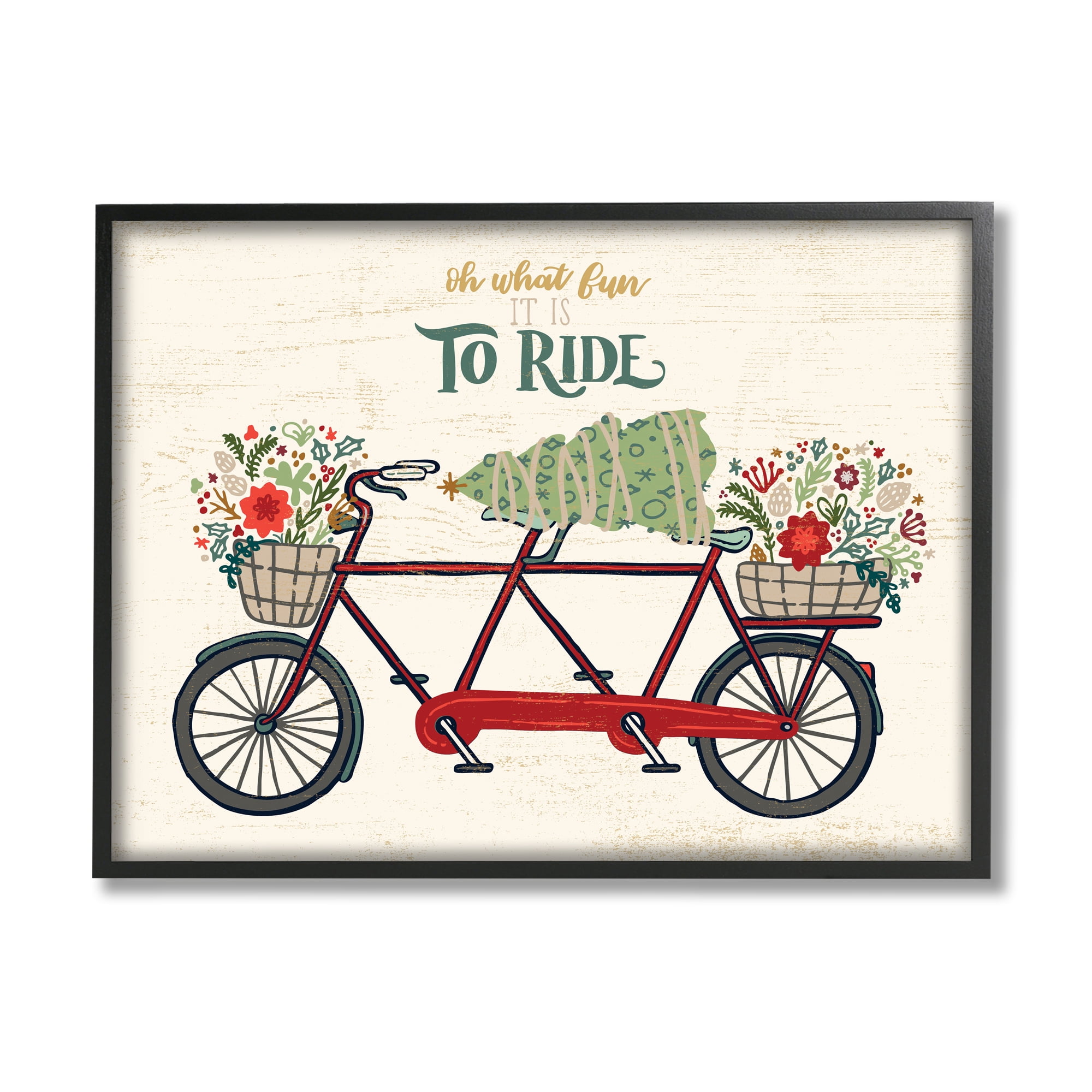 Stupell Industries Oh What Fun Christmas Sentiments Red Tandem Bicycle Transportation Painting Black Framed Art Print Wall Art, 16 x 20