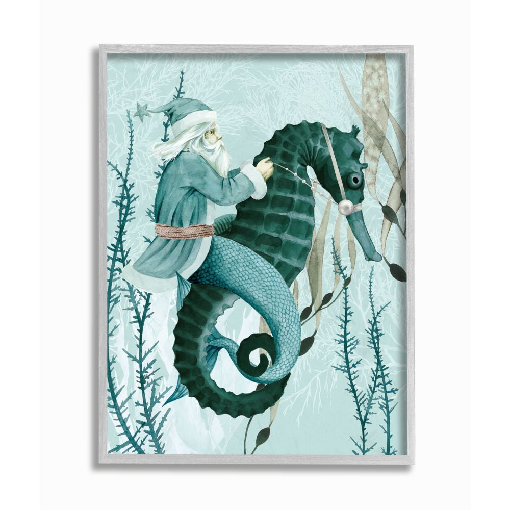 Stupell Indtries Sea Santa Ocean Christmas Holiday Blue Green Design Framed Wall Art by Grace Popp