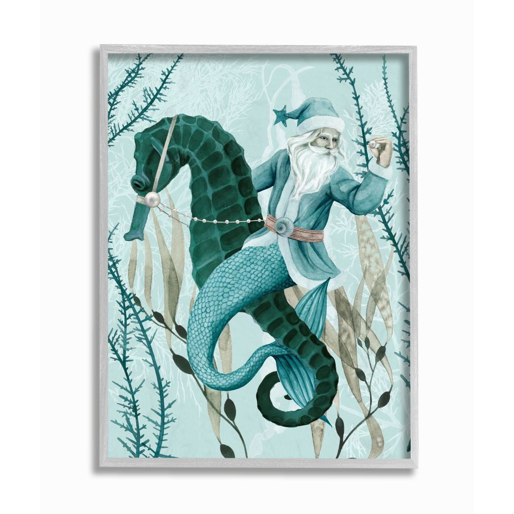 Stupell Indtries Sea Santa Ocean Holiday Christmas Blue Green Design Framed Wall Art by Grace Popp, 16" x 20", Gray Framed