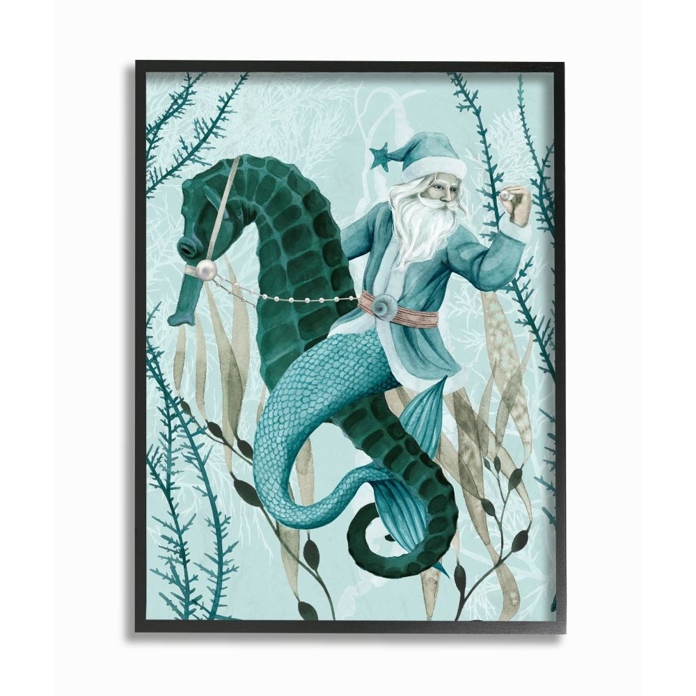 Stupell Indtries Sea Santa Ocean Holiday Christmas Blue Green Design Framed Wall Art by Grace Popp, 24" x 30", Black Framed