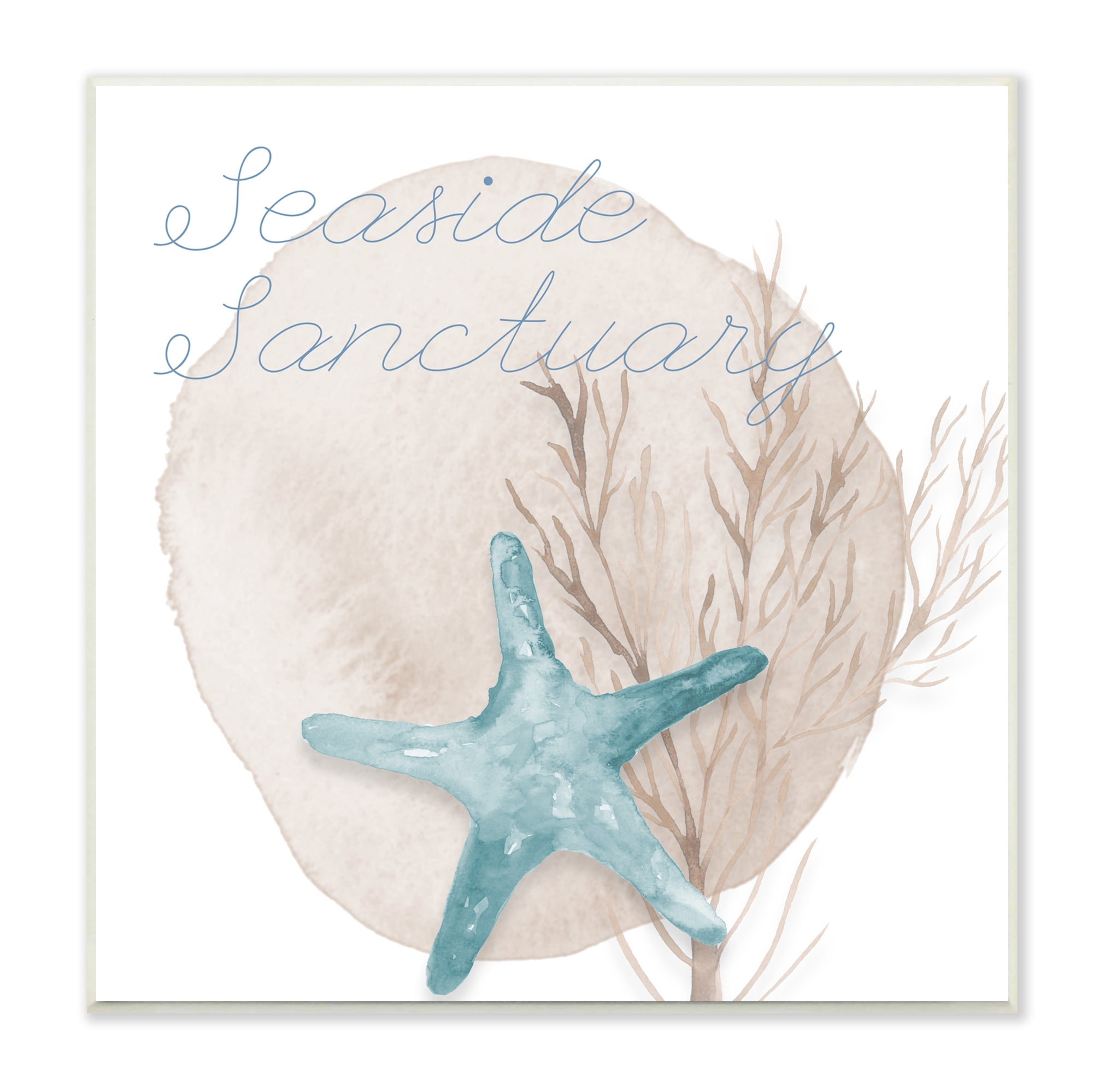 Stupell Indtries Seaside Sanctuary Phrase Soft Blue Starfish Brown Kelp,12 x 12,Design by Lucille Price