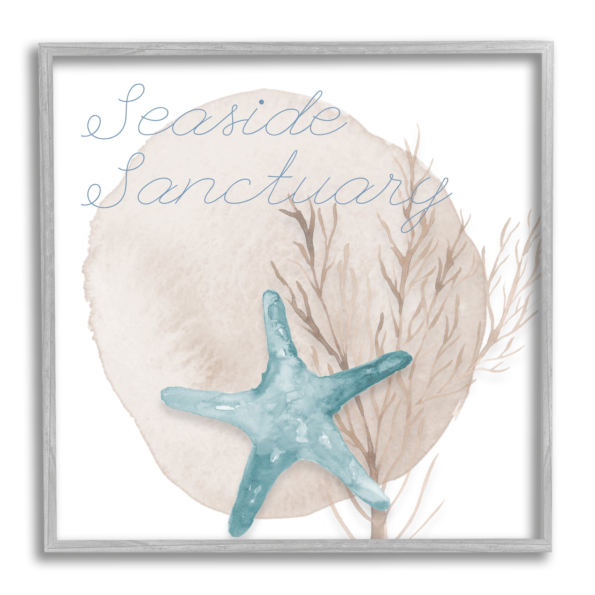 Stupell Indtries Seaside Sanctuary Phrase Soft Blue Starfish Brown Kelp,12 x 12,Design by Lucille Price