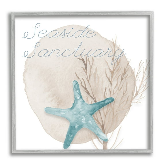 Stupell Indtries Seaside Sanctuary Phrase Soft Blue Starfish Brown Kelp,12 x 12,Design by Lucille Price