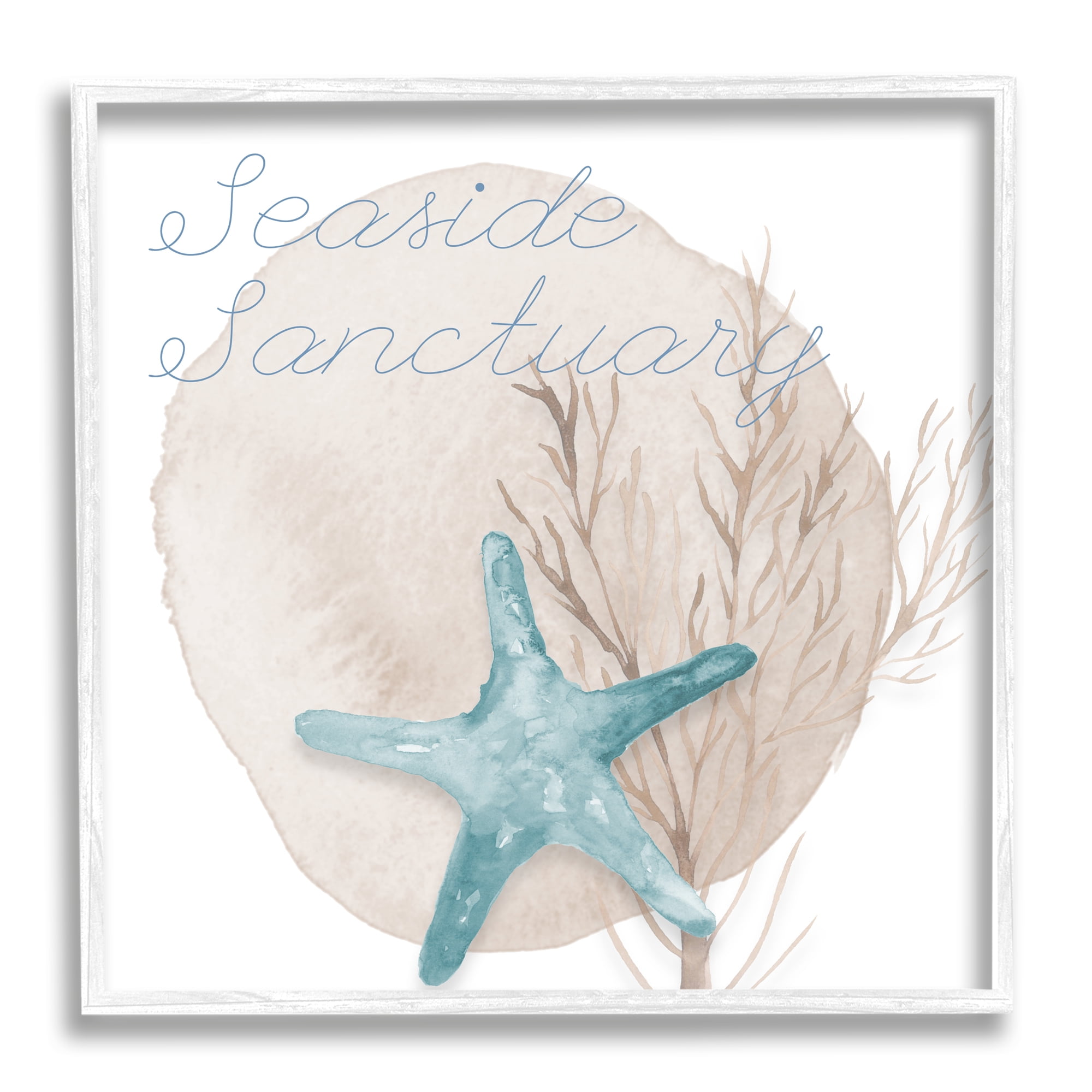 Stupell Indtries Seaside Sanctuary Phrase Soft Blue Starfish Brown Kelp,17 x 17,Design by Lucille Price
