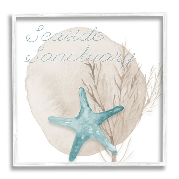 Stupell Indtries Seaside Sanctuary Phrase Soft Blue Starfish Brown Kelp,24 x 24,Design by Lucille Price