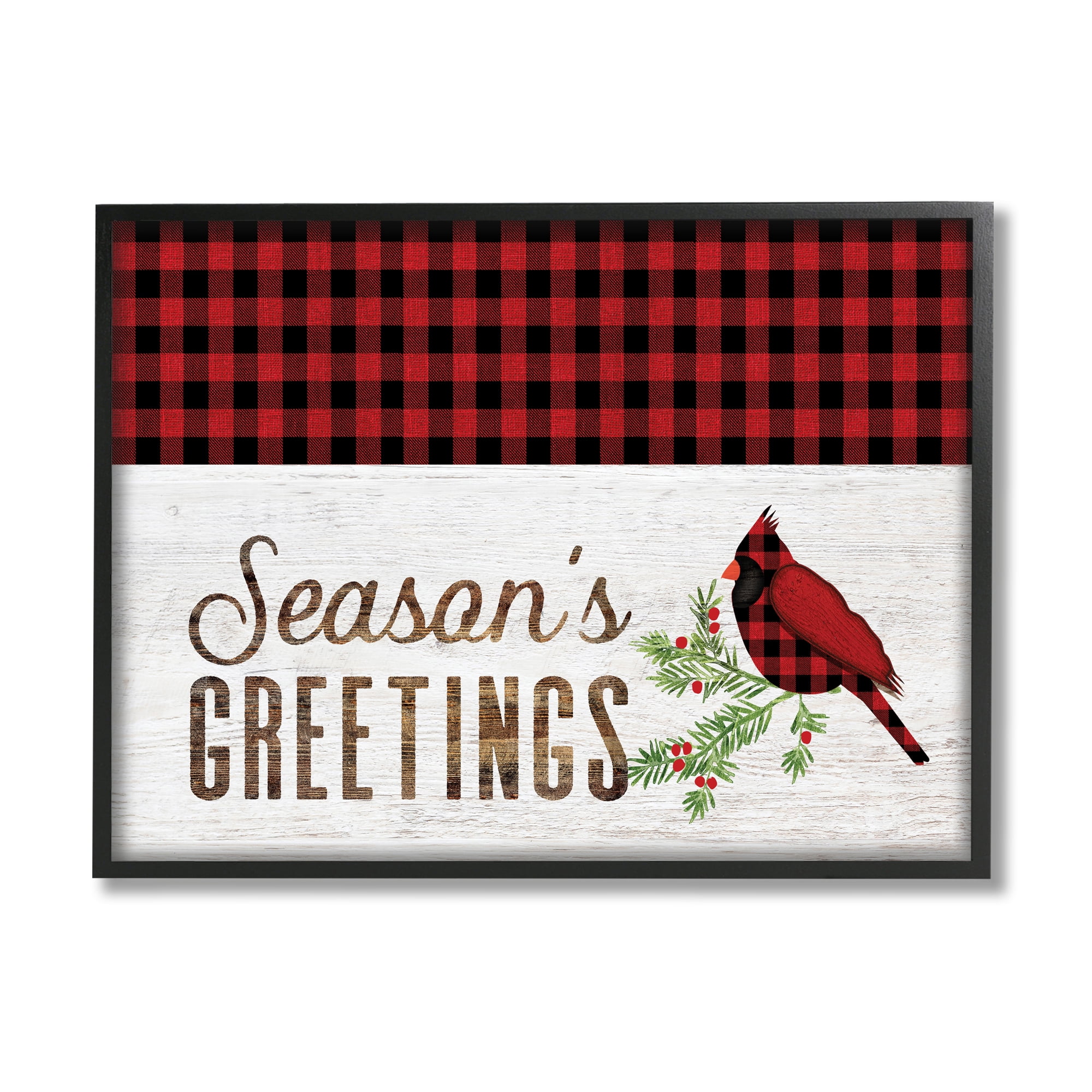 Stupell Industries Season's Greetings Phrase Red Patchwork Cardinal bird Animals & Insects Painting Black Framed Art Print Wall Art, 24 x 30