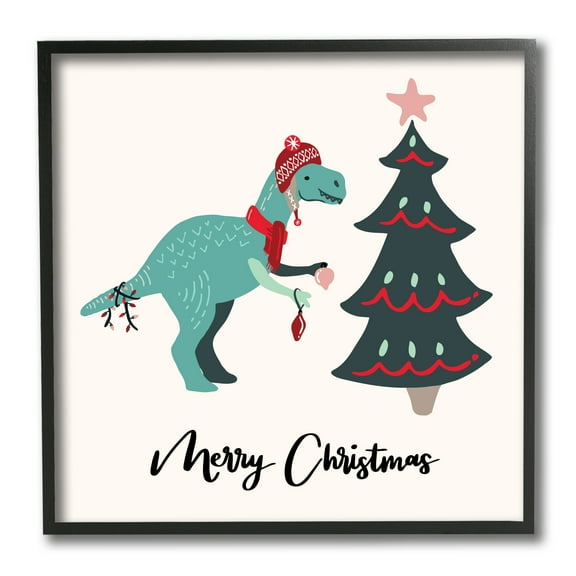 Stupell Industries Merry Christmas Dinosaur Tree T-Rex With Ornaments Abstract Painting Black Framed Art Print Wall Art, 12 x 12