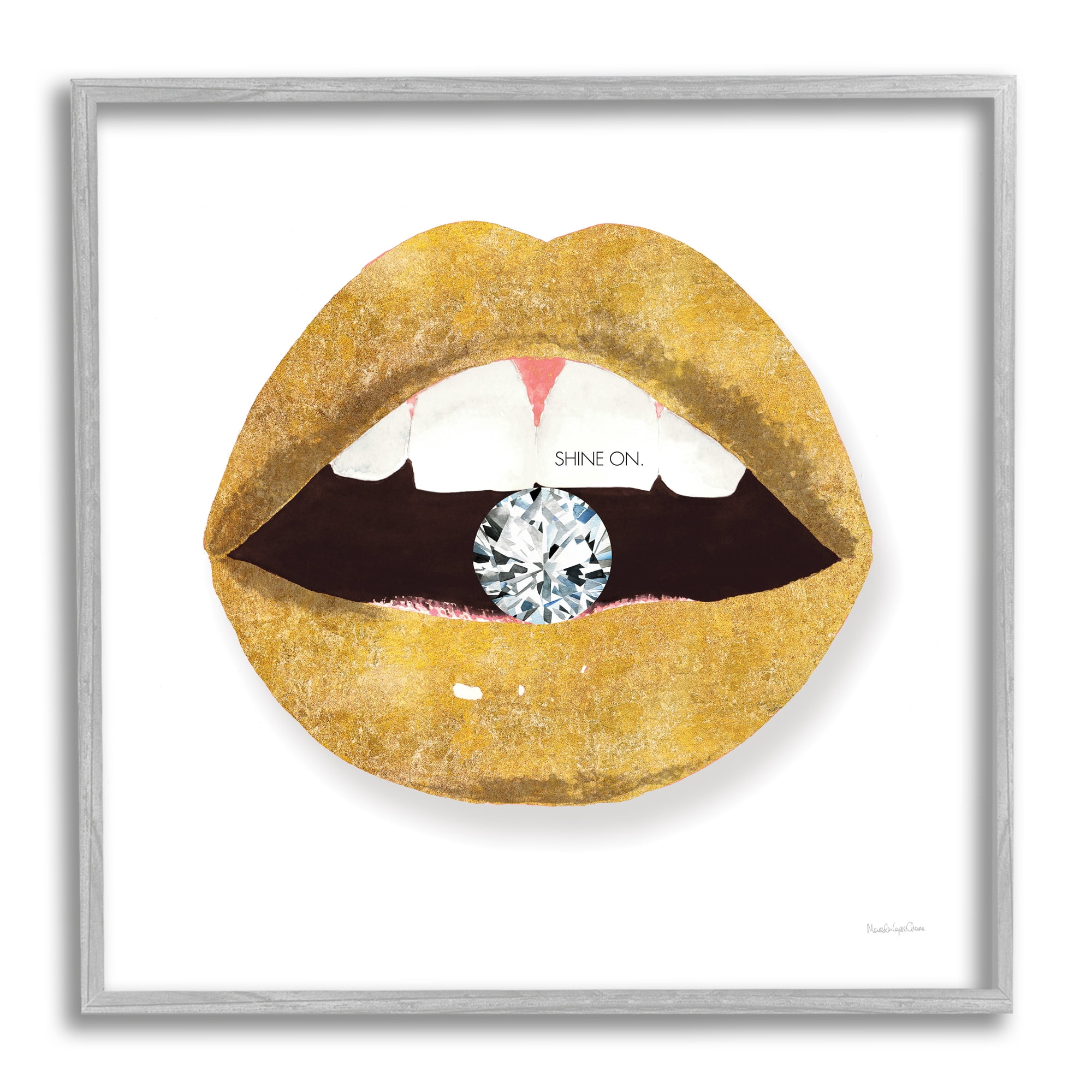 Stupell Indtries Shine On Sentiment Gold Lips Glam Diamond Bite,17 x 17,Design by Mercedes Lopez Charro