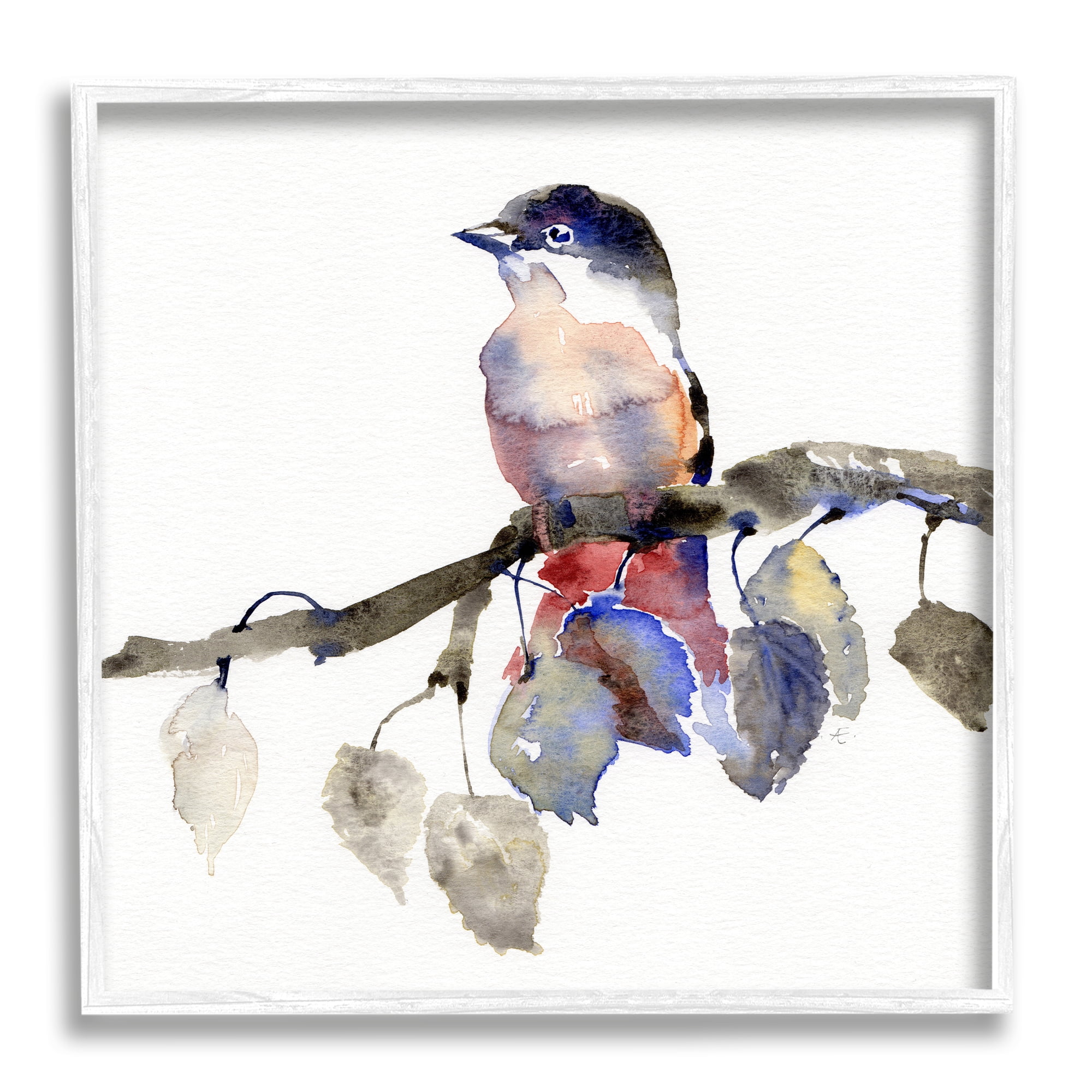 Stupell Indtries Song Bird Perched on Blue Autumn Leaf Branch,12 x 12,Design by Verbrugge Watercolor