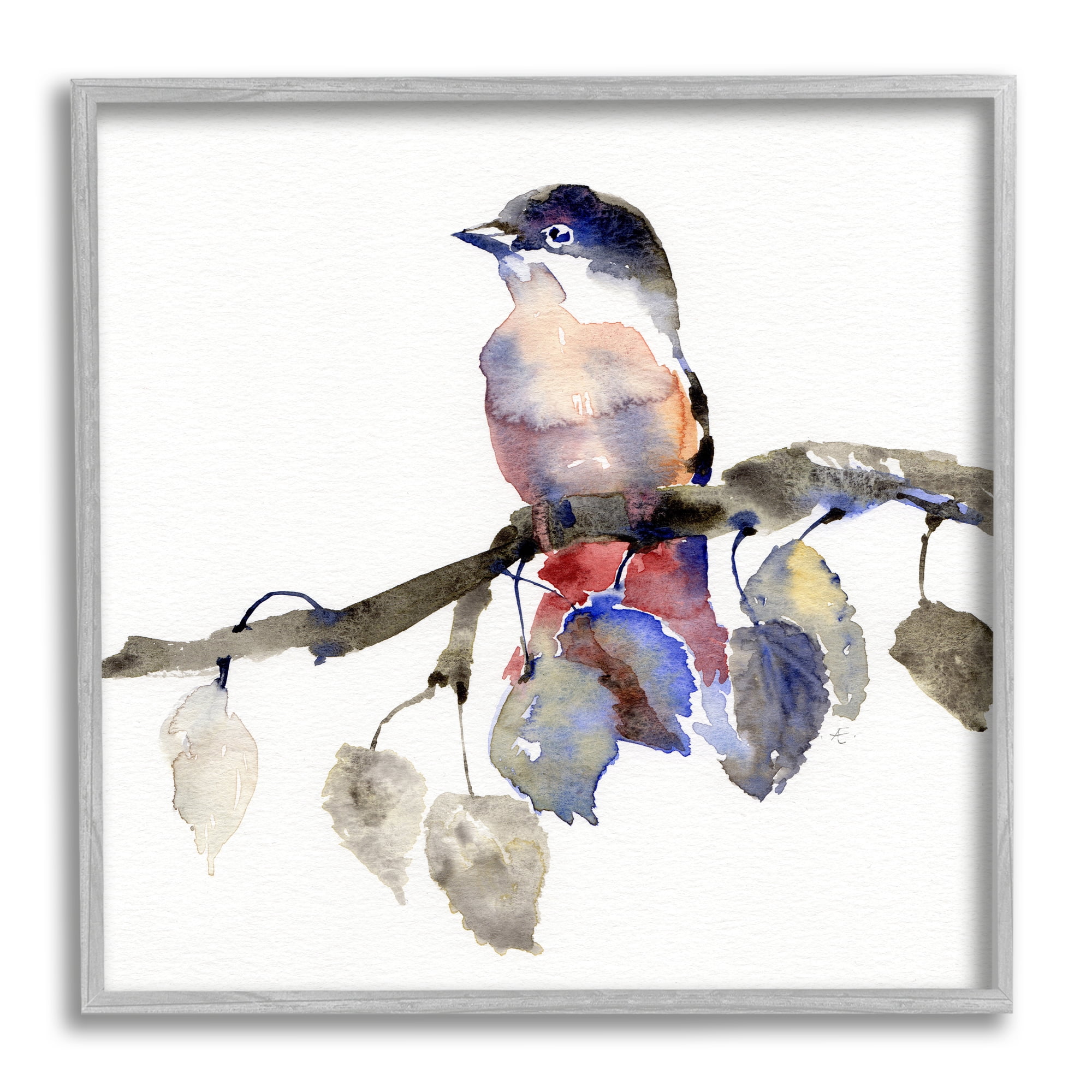 Stupell Indtries Song Bird Perched on Blue Autumn Leaf Branch,17 x 17,Design by Verbrugge Watercolor
