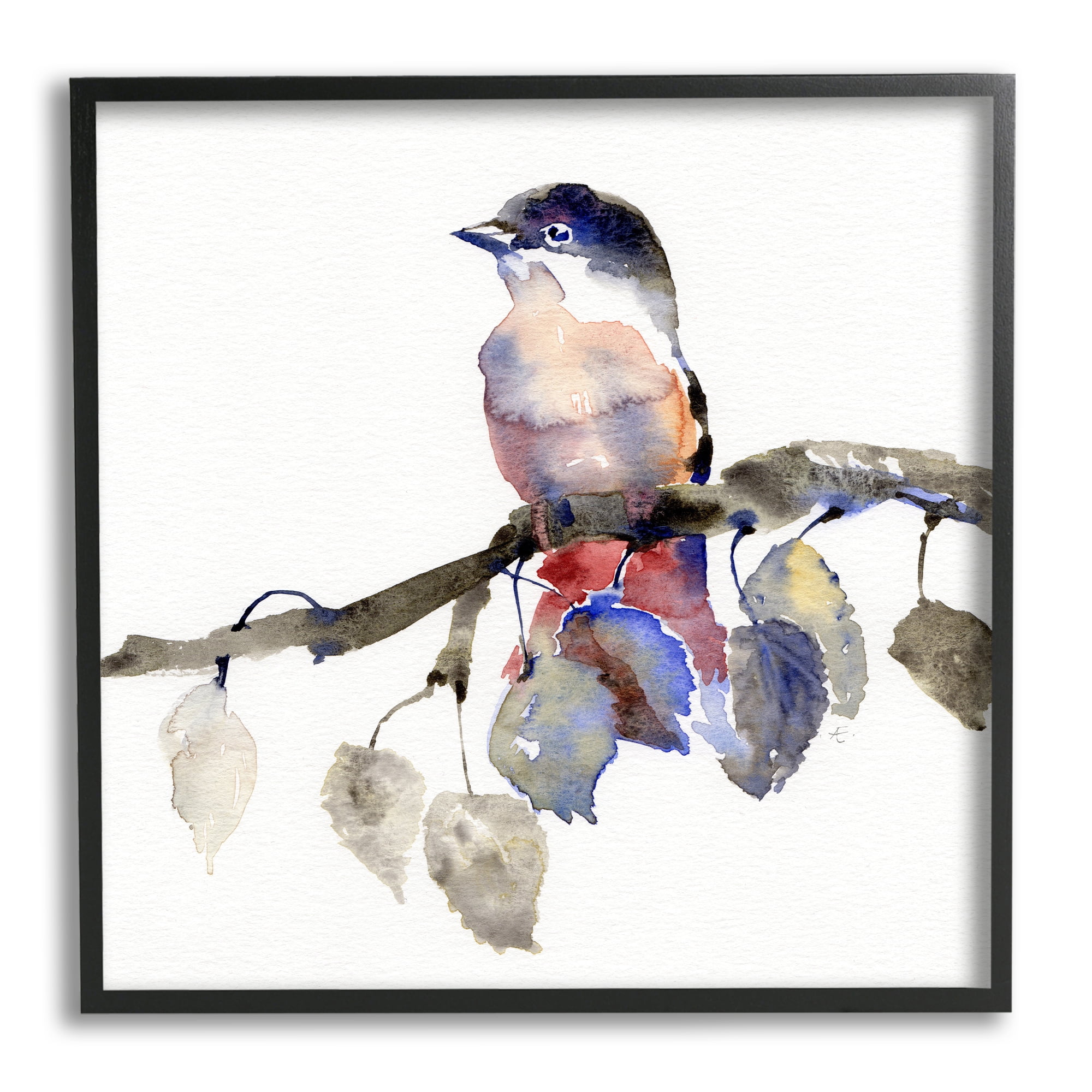 Stupell Indtries Song Bird Perched on Blue Autumn Leaf Branch,17 x 30,Design by Verbrugge Watercolor