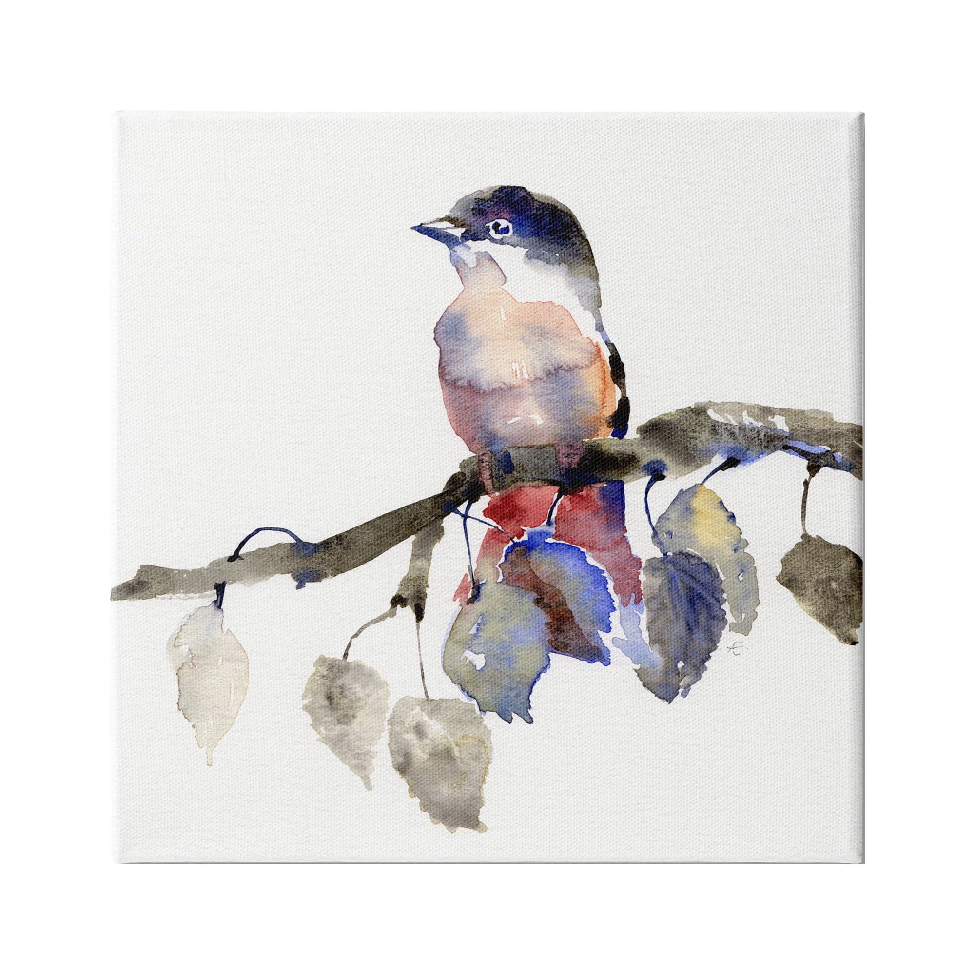 Stupell Indtries Song Bird Perched on Blue Autumn Leaf Branch,24 x 24,Design by Verbrugge Watercolor