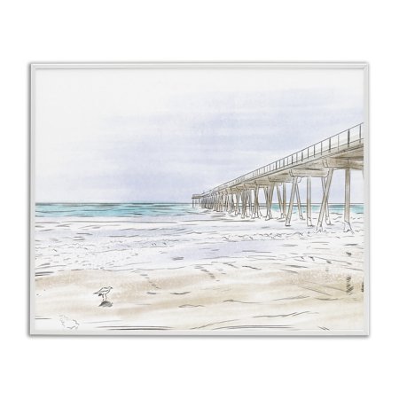 Stupell Industries Transitional Tall Wharf over Beach Coast Detailed Linework Landscape White Framed Giclee Art, 20 x 16, by Bill Carson Photography