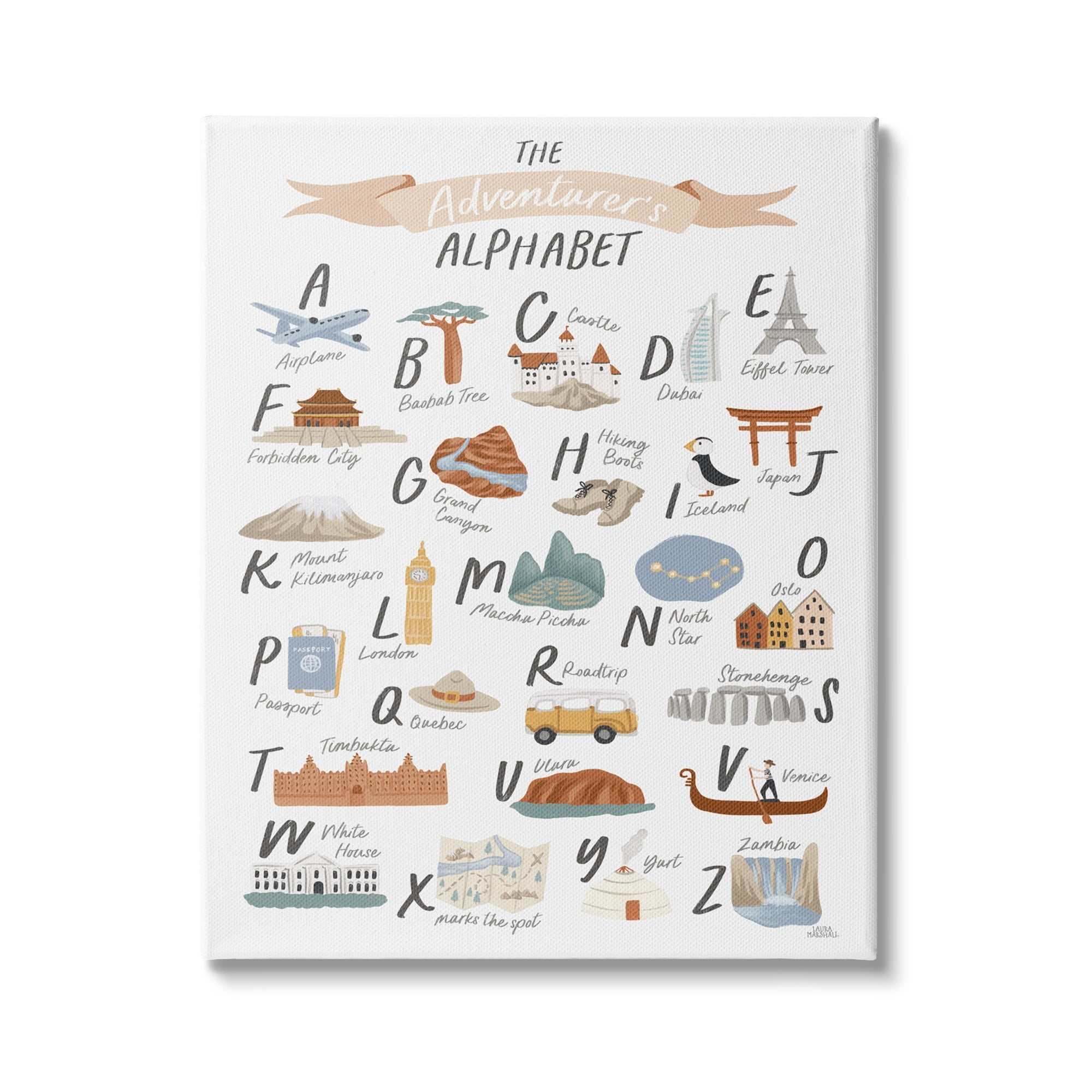 Stupell Indtries The Adventurer's Alphabet Landmark ABC Illtrations Explore Motivation,24 x 30,Design by Laura Marshall