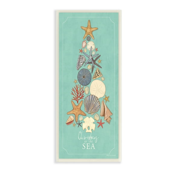 Stupell Industries Christmas By Sea Phrase Seashell Holiday Tree Nature Painting Unframed Art Print Wall Art, 7 x 17