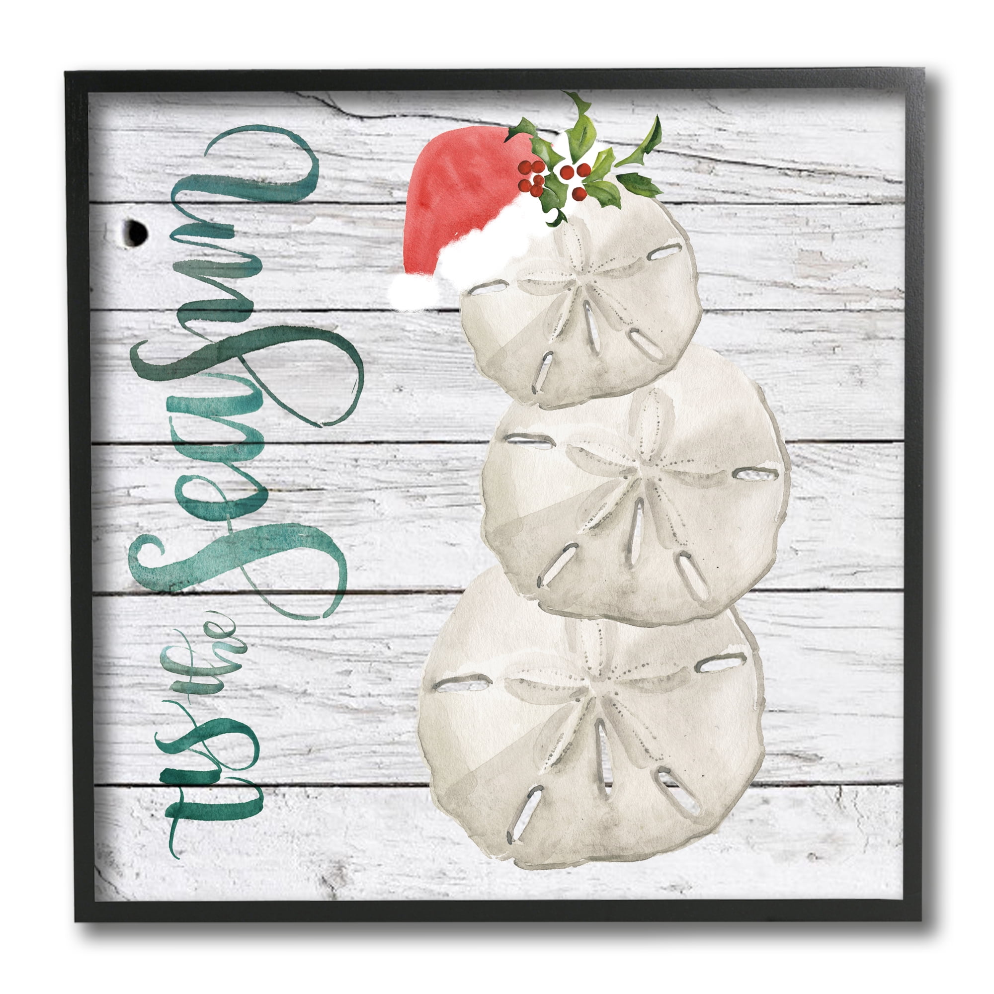 Stupell Industries Tis the Sea Sun Phrase Christmas Sand Dollars Nature Painting Black Framed Art Print Wall Art, 12 x 12