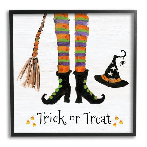 Stupell Indtries Trick Or Treat Phrase Whimsical Striped Witch Socks,12 x 12,Design by Sally Swatland
