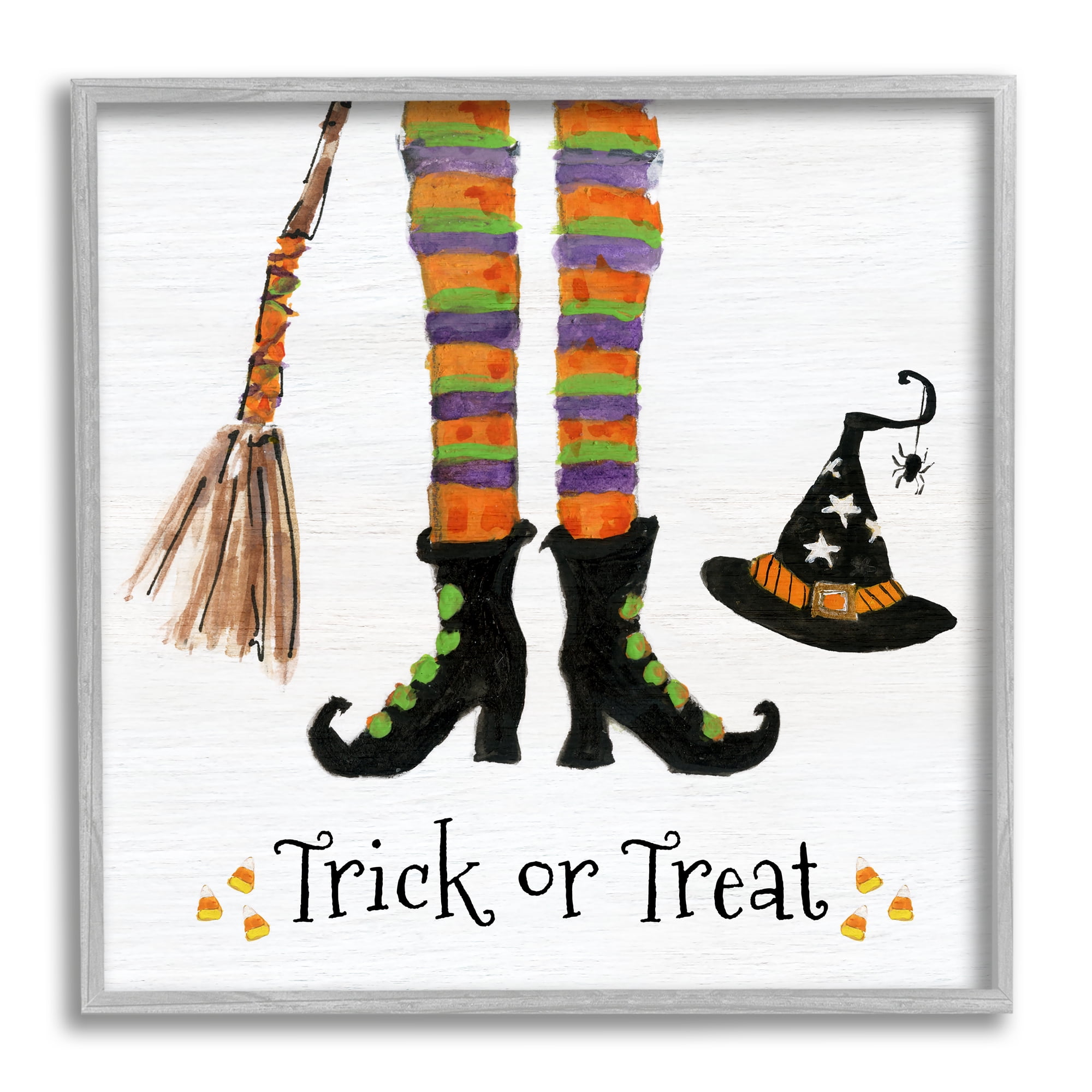 Stupell Indtries Trick Or Treat Phrase Whimsical Striped Witch Socks,12 x 12,Design by Sally Swatland