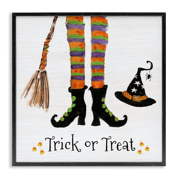 Stupell Industries Traditional Trick Or Treat Phrase Whimsical Striped Witch Socks Black Framed Giclee Art, 12 x 12, by Sally Swatland