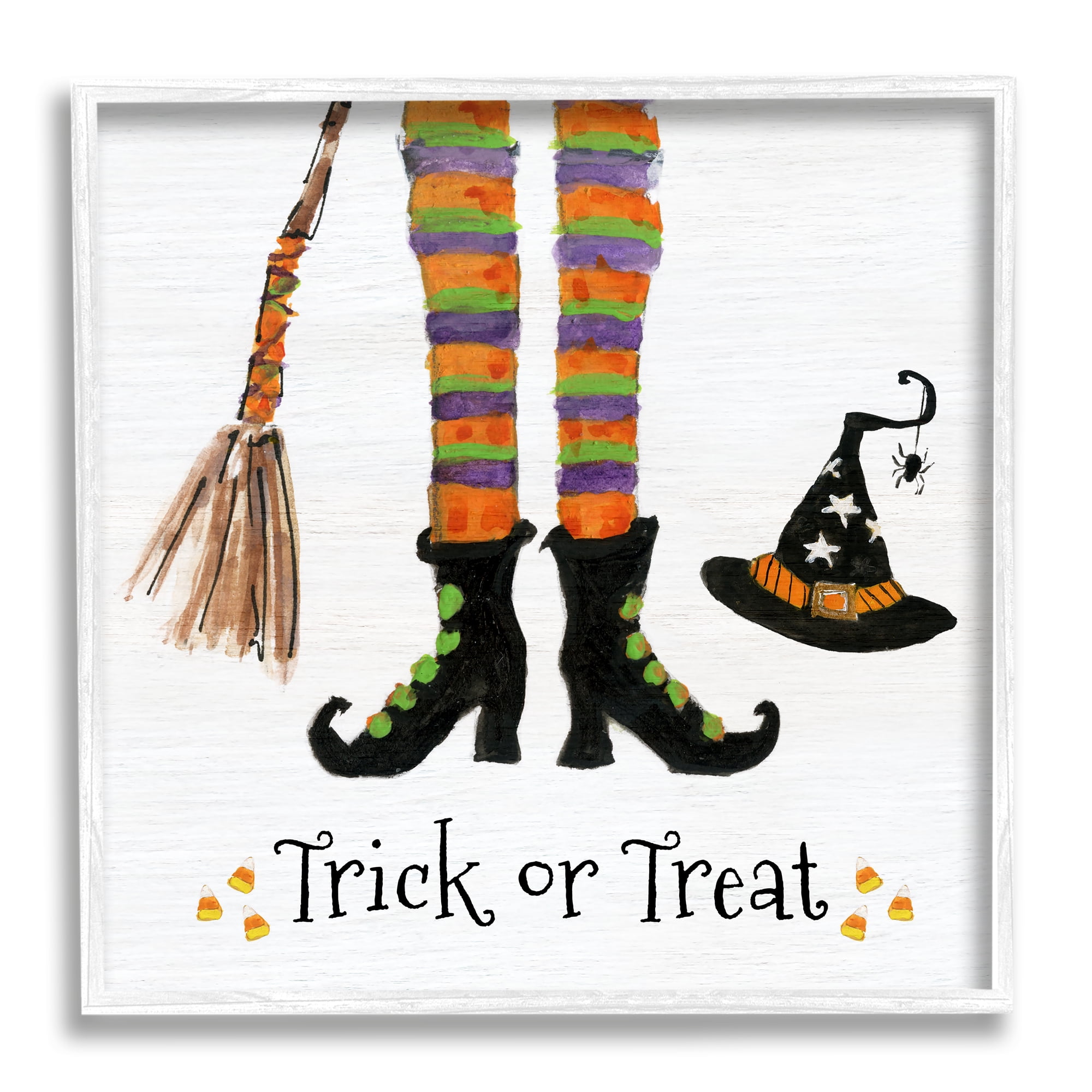 Stupell Indtries Trick Or Treat Phrase Whimsical Striped Witch Socks,17 x 17,Design by Sally Swatland