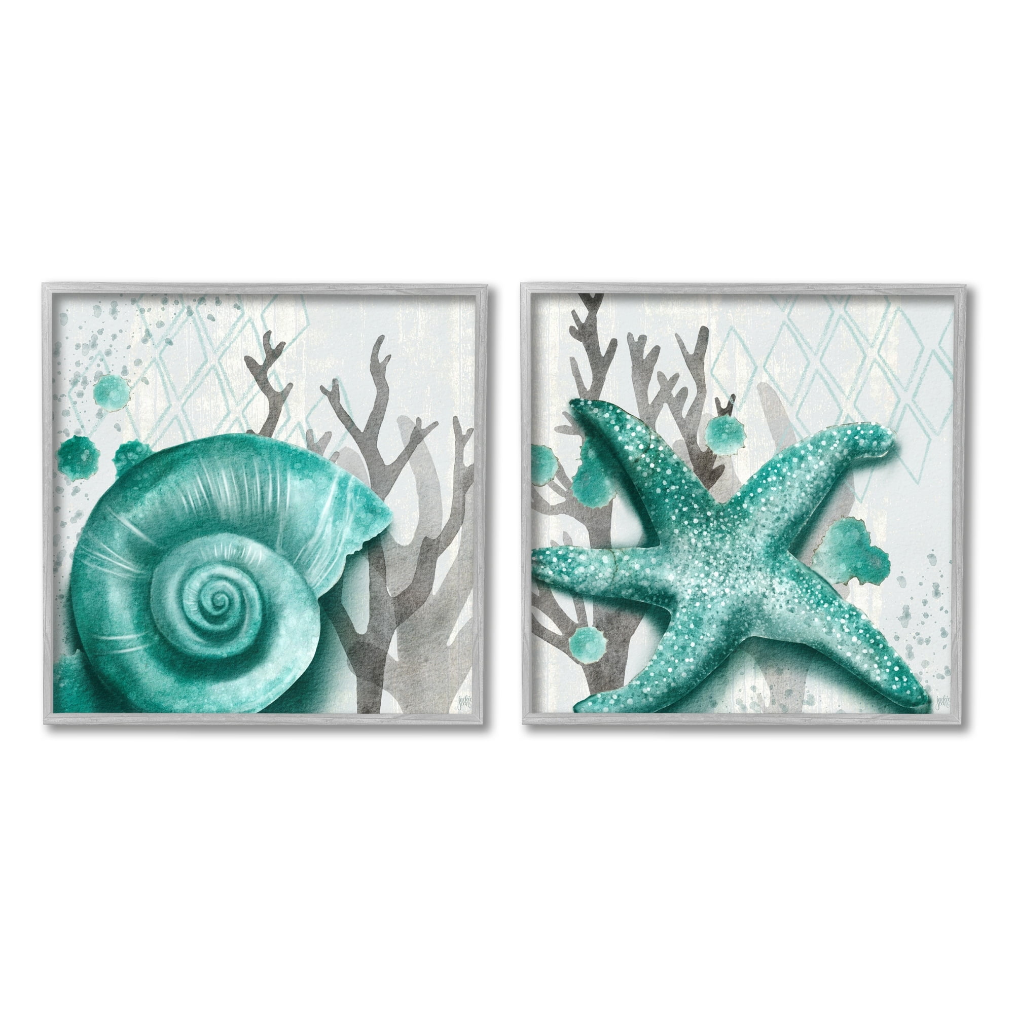 Stupell Indtries Turquoise Pop Sea Floor Diamond Pattern Grey Coral,24 x 24,Design by Jackie Quigley
