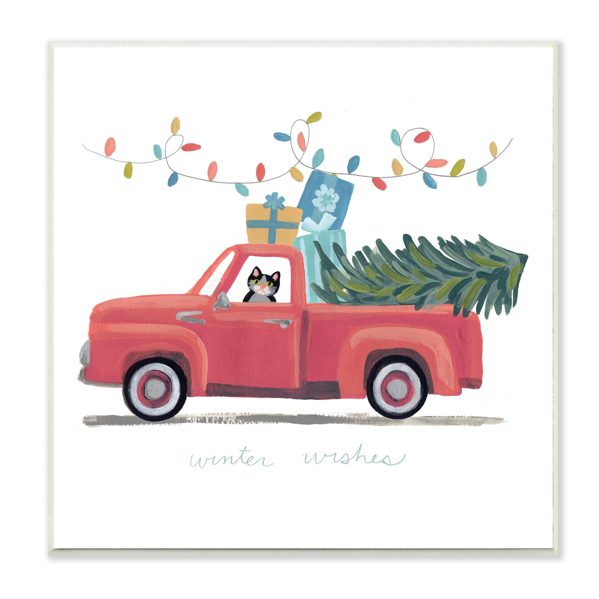 Stupell Industries Cat Christmas Red Truck Winter Wishes Phrase Transportation Painting Unframed Art Print Wall Art, 12 x 12
