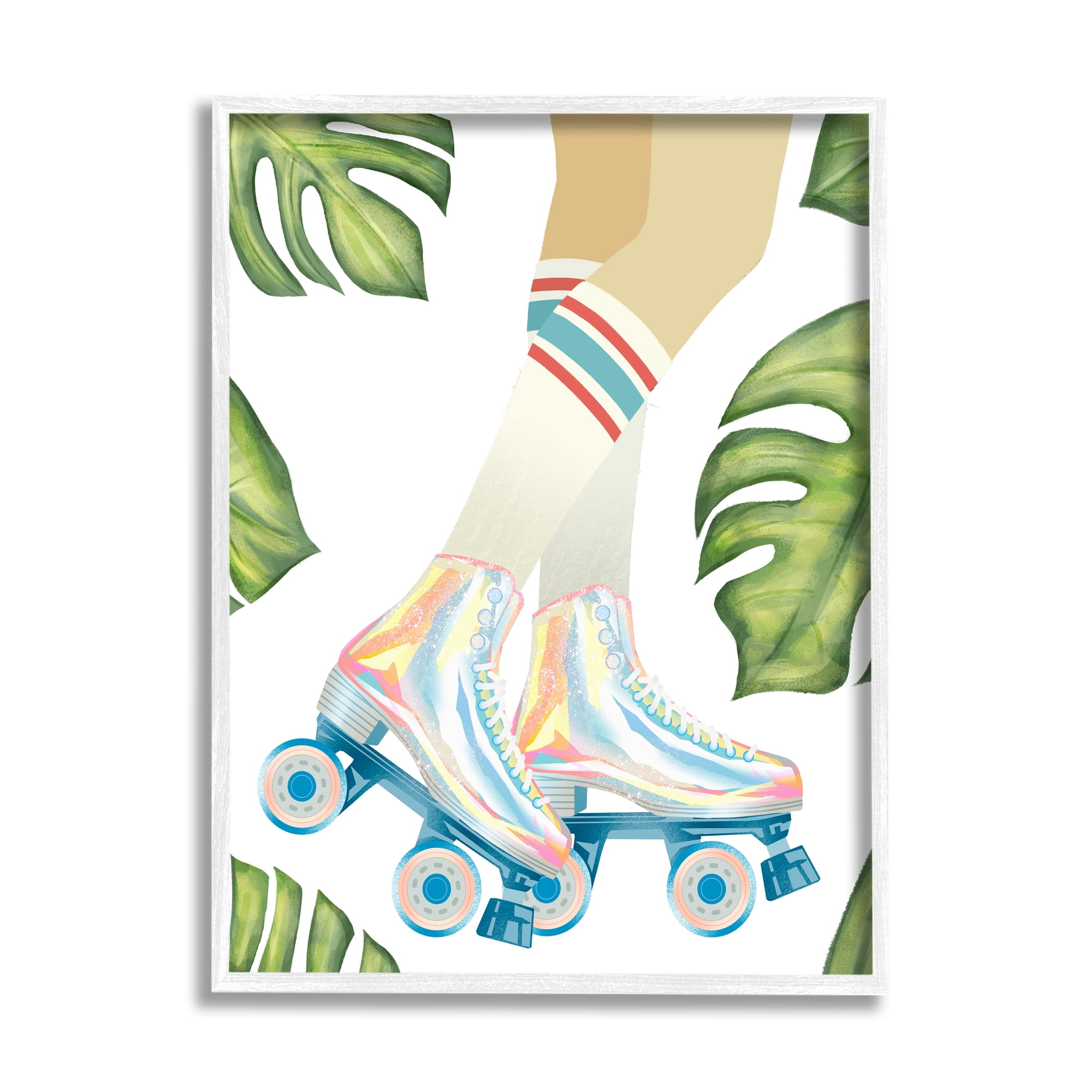 Stupell Indtries Vintage Disco Roller Skates Striped Socks Monstera Plants,11 x 14,Design by Ziwei Li