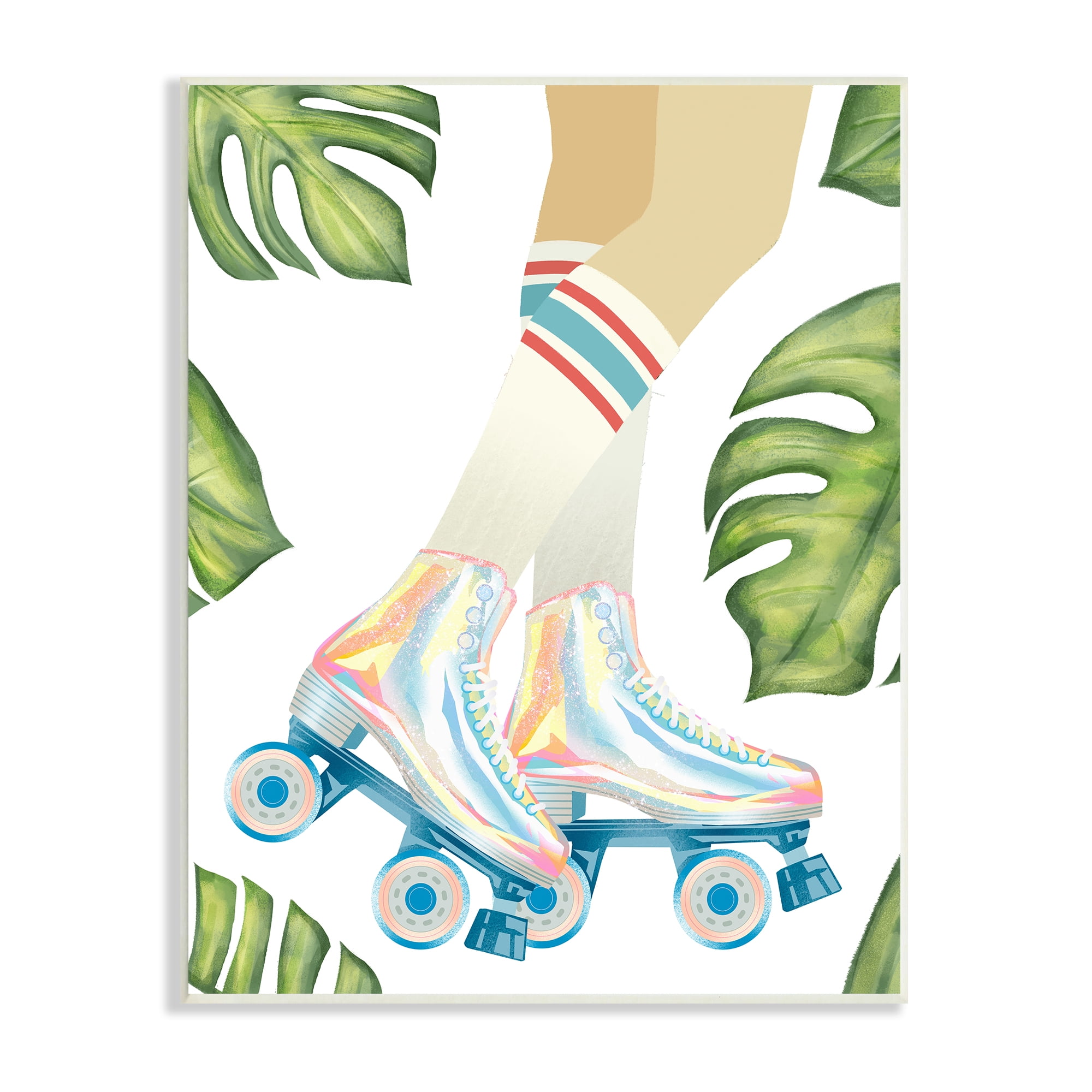 Stupell Indtries Vintage Disco Roller Skates Striped Socks Monstera Plants,13 x 19,Design by Ziwei Li