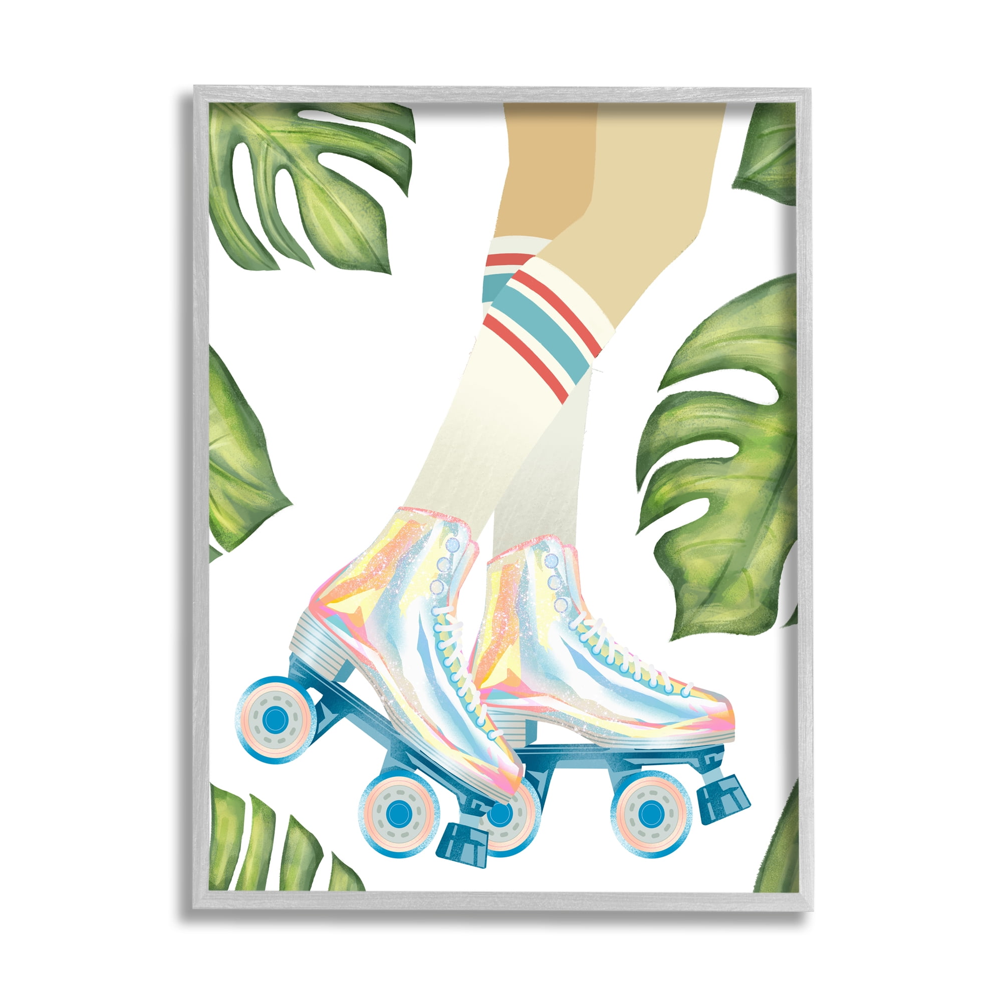 Stupell Indtries Vintage Disco Roller Skates Striped Socks Monstera Plants,24 x 30,Design by Ziwei Li