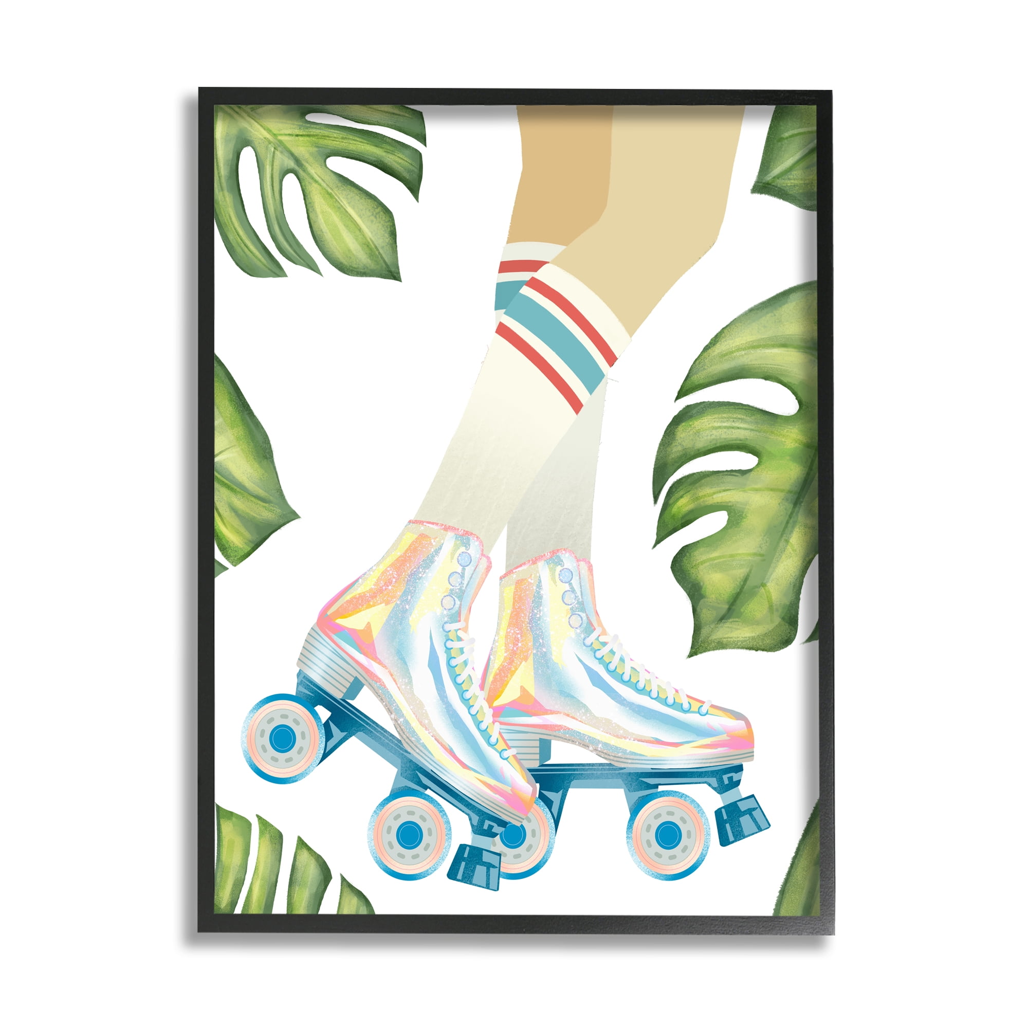 Stupell Indtries Vintage Disco Roller Skates Striped Socks Monstera Plants,24 x 30,Design by Ziwei Li