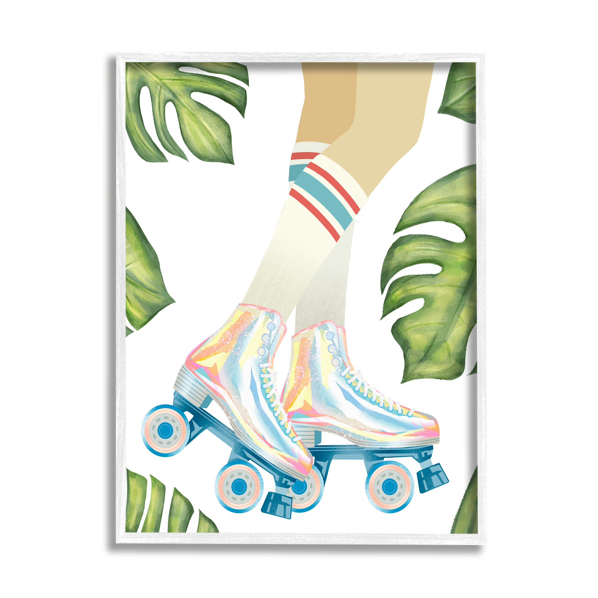 Stupell Indtries Vintage Disco Roller Skates Striped Socks Monstera Plants,24 x 30,Design by Ziwei Li