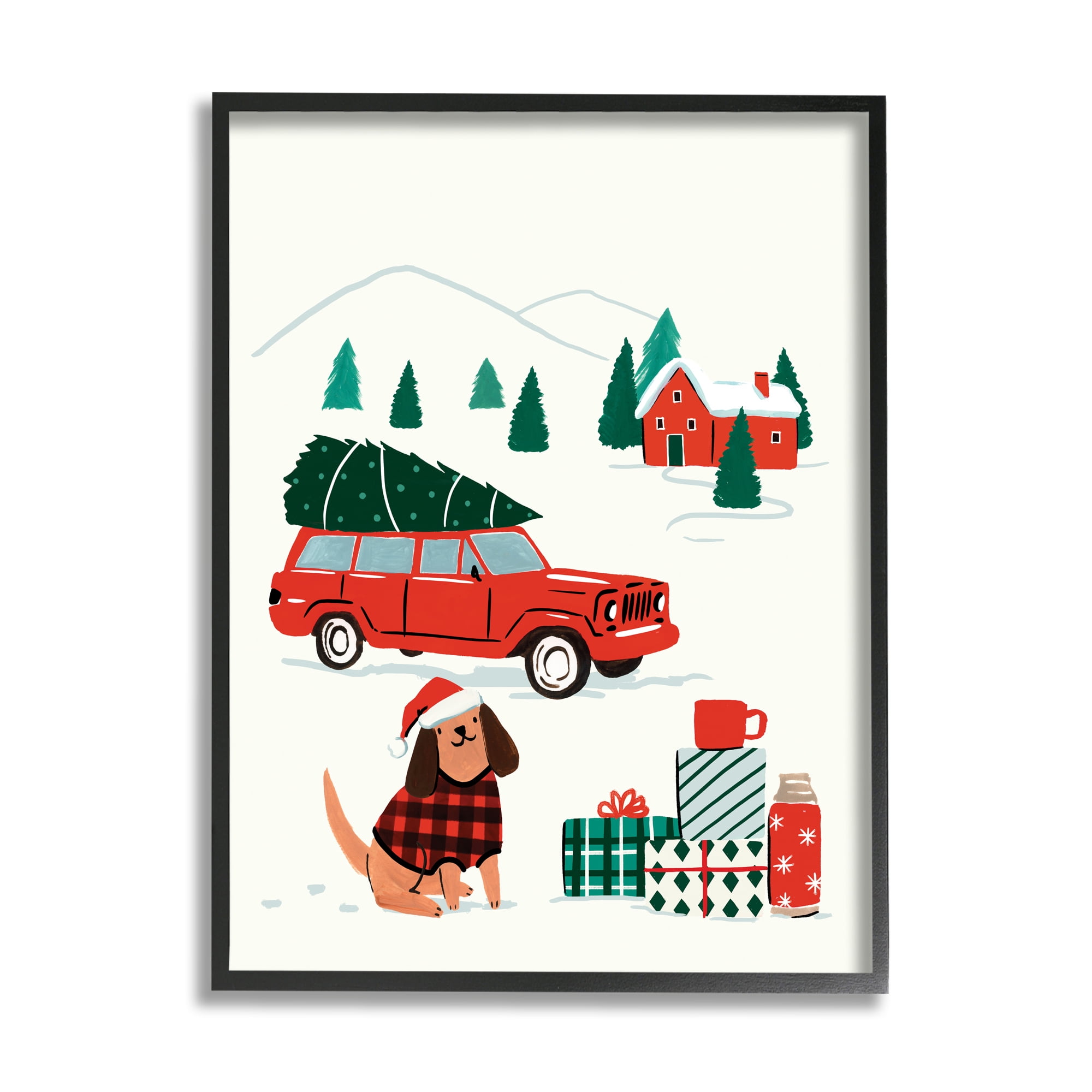 Stupell Industries Vintage Red Car Christmas Festive Santa Dog Holiday Painting Black Framed Art Print Wall Art, 24 x 30