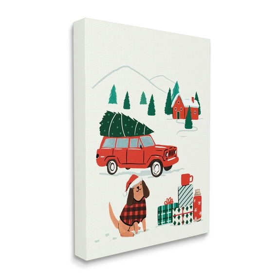 Stupell Industries Vintage Red Car Christmas Festive Santa Dog Holiday Painting Gallery Wrapped Canvas Art Print Wall Art, 24 x 30
