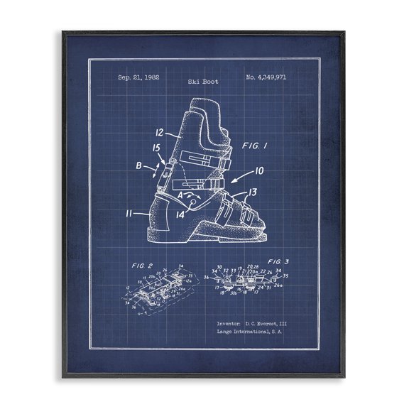 Stupell Industries Eclectic Vintage Ski Boot Blue Print Figure Drawing Chart Black Framed Giclee Art, 11 x 14, by Jo Moulton