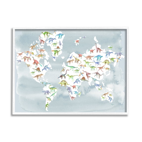 Stupell Indtries Watercolor World Map with Dinosaur Reptile Pattern,14 x 11,Design by Ziwei Li