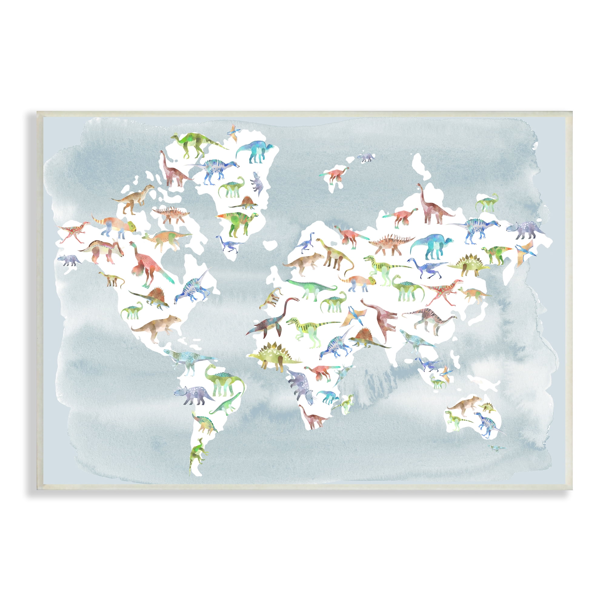 Stupell Indtries Watercolor World Map with Dinosaur Reptile Pattern,19 x 13,Design by Ziwei Li