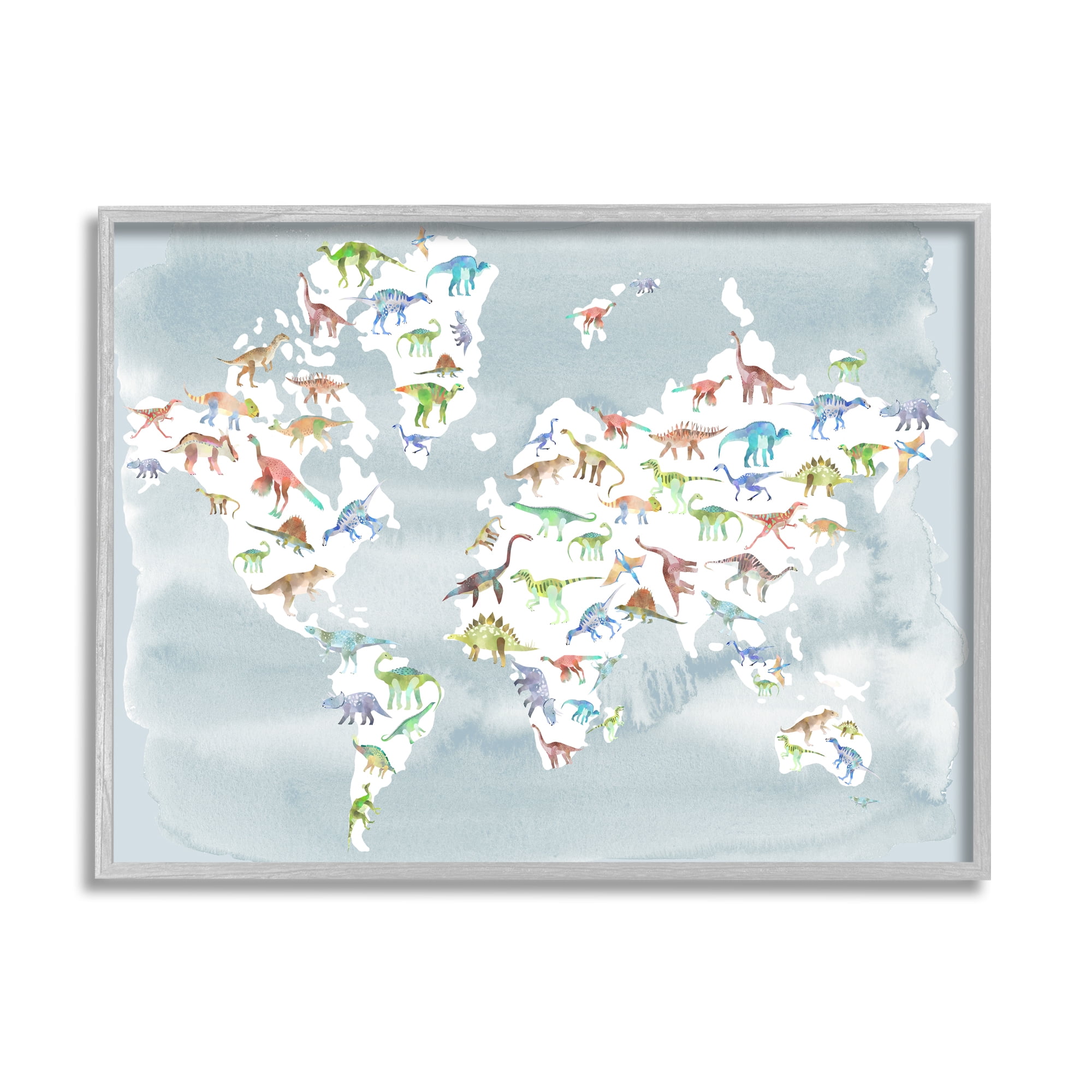 Stupell Indtries Watercolor World Map with Dinosaur Reptile Pattern,20 x 16,Design by Ziwei Li