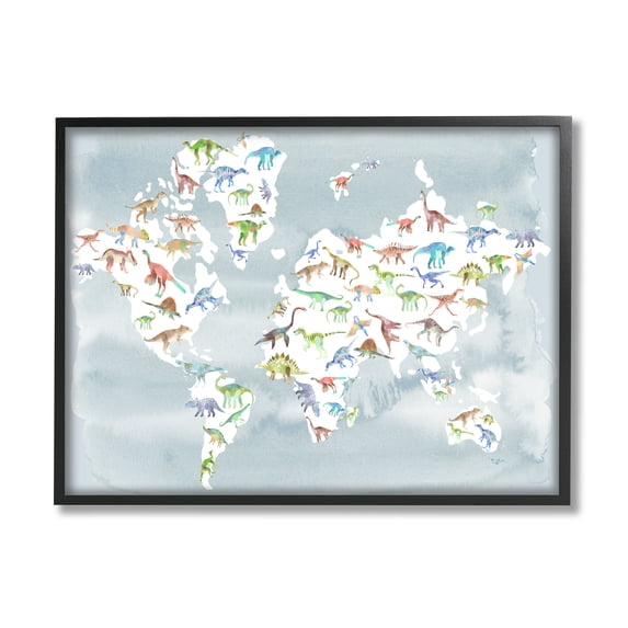 Stupell Indtries Watercolor World Map with Dinosaur Reptile Pattern,30 x 24,Design by Ziwei Li