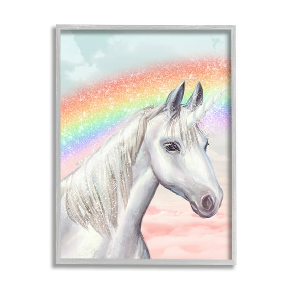 Stupell Indtries White Unicorn Under Sparkle Rainbow Cloudy Sky,24 x 30,Design by Ziwei Li