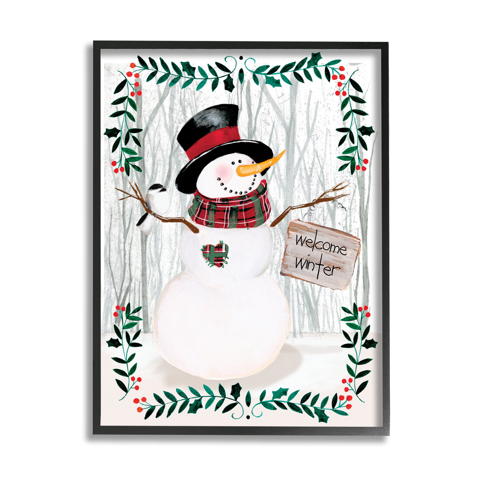 Stupell Industries Winter Welcome Greeting Snowman Forest Holly Florals Holiday Painting Black Framed Art Print Wall Art, 16 x 20
