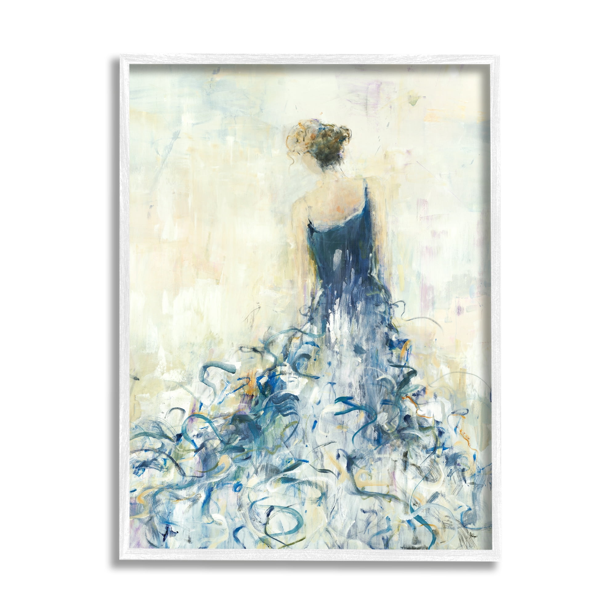 Elegant Blue Abstract Fashion Dress Canvas Print in White Frame