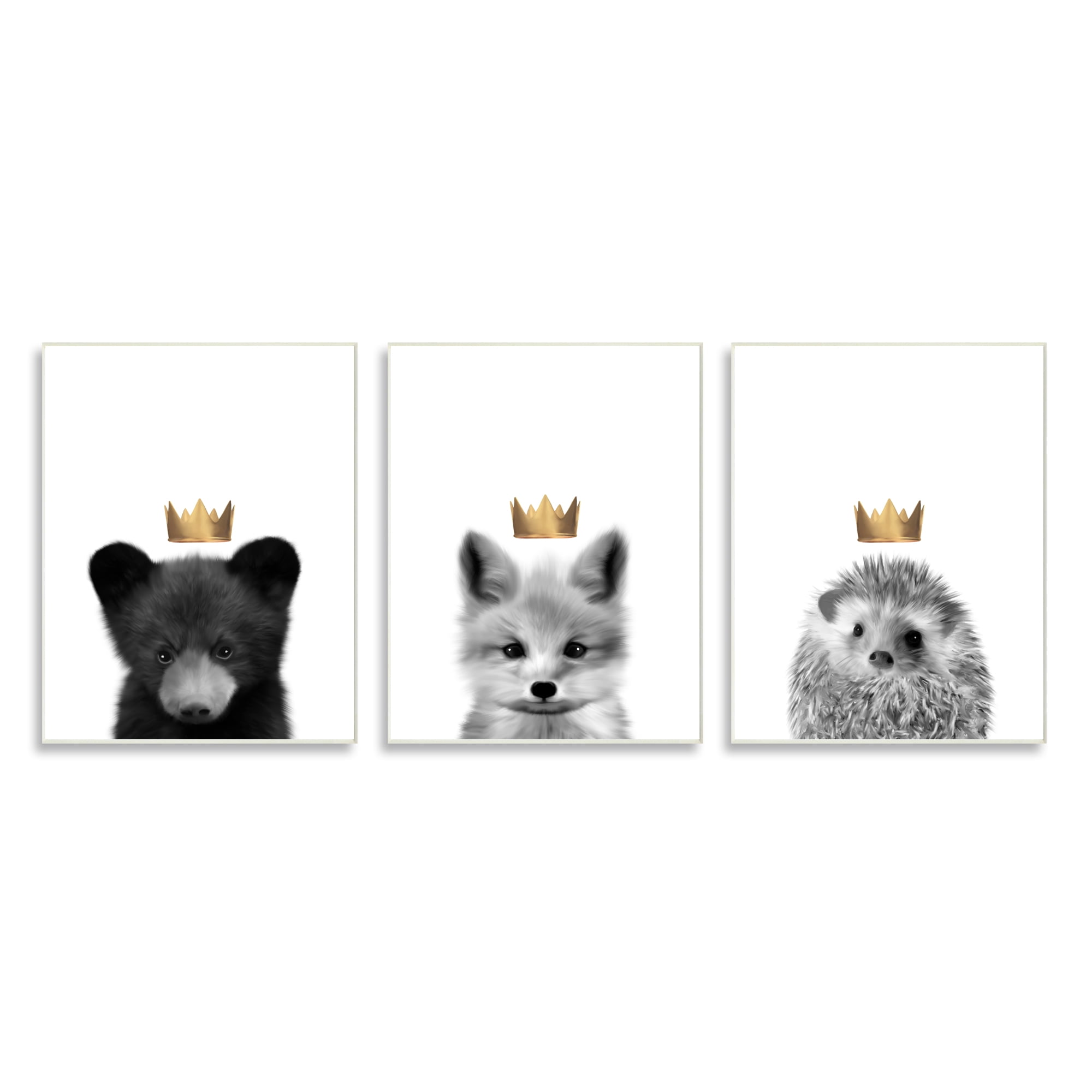 Stupell Indtries Woodland Animals Bold Crowns Black Bear Fox Hedgehog,13 x 19,Design by Leah Straatsma