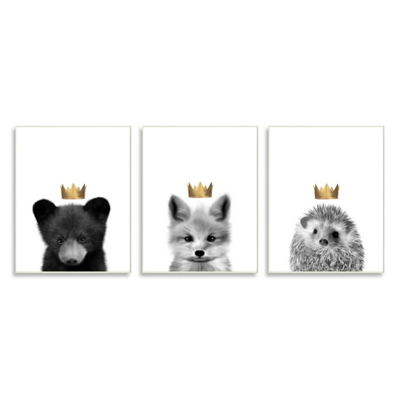 Stupell Indtries Woodland Animals Bold Crowns Black Bear Fox Hedgehog,13 x 19,Design by Leah Straatsma