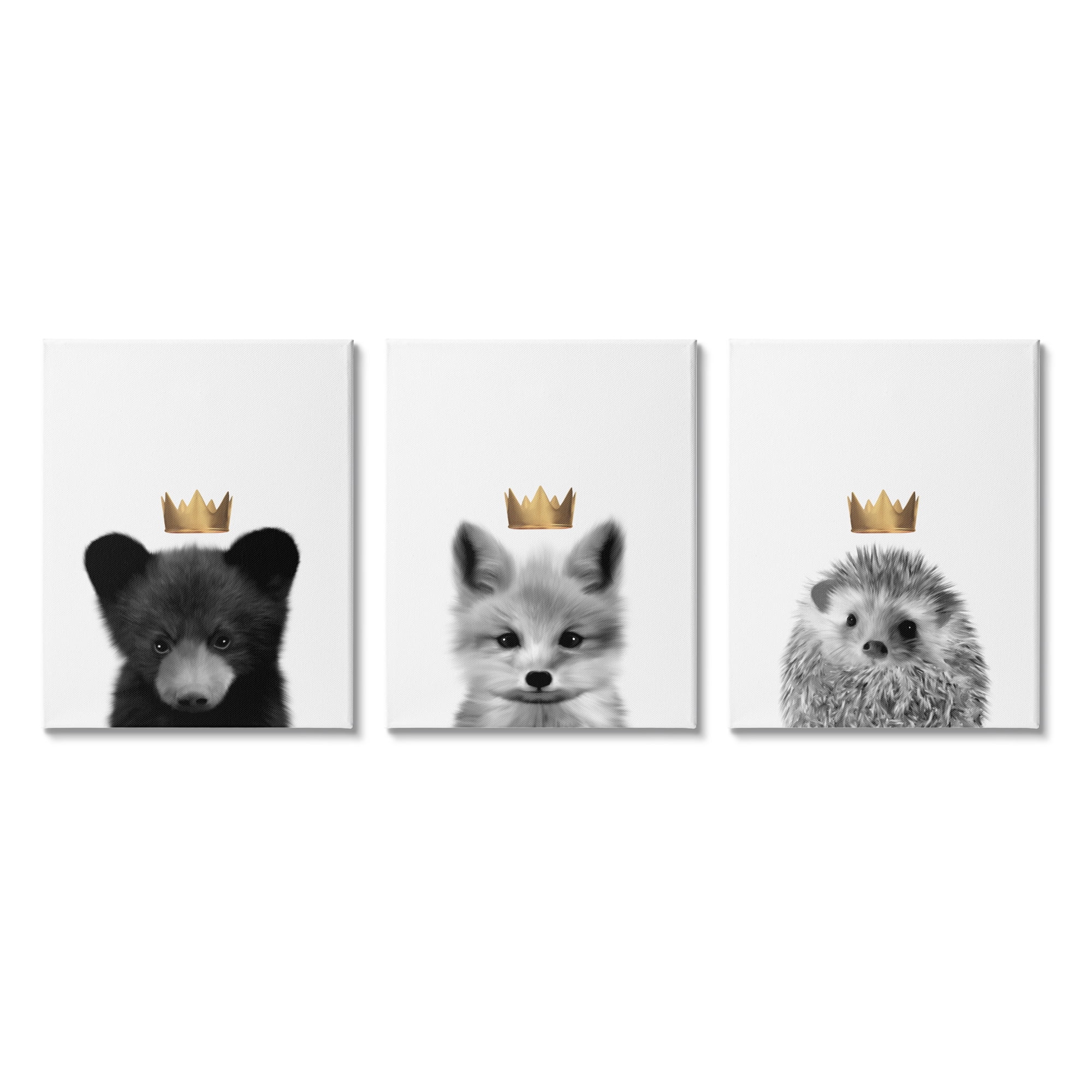 Stupell Indtries Woodland Animals Bold Crowns Black Bear Fox Hedgehog,16 x 20,Design by Leah Straatsma