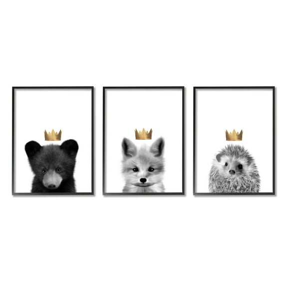 Stupell Indtries Woodland Animals Bold Crowns Black Bear Fox Hedgehog,16 x 20,Design by Leah Straatsma