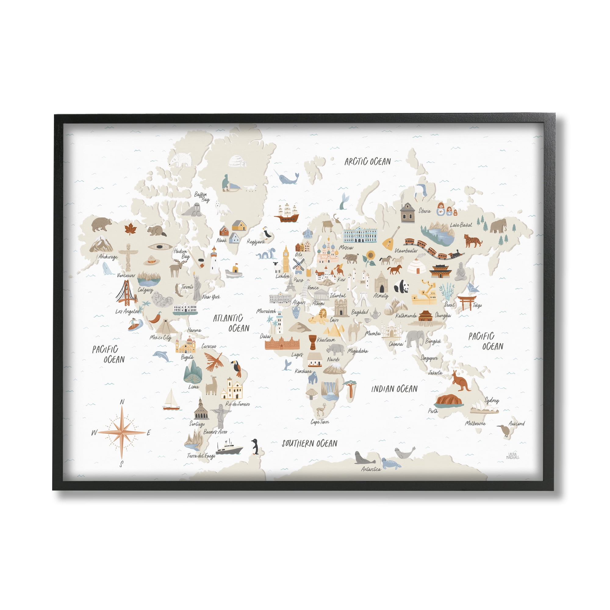 Stupell Indtries World Map of Destination Illtrations Soft Brown Tones,14 x 11,Design by Laura Marshall