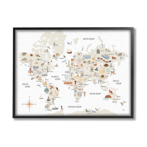 Stupell Indtries World Map of Destination Illtrations Soft Brown Tones,14 x 11,Design by Laura Marshall