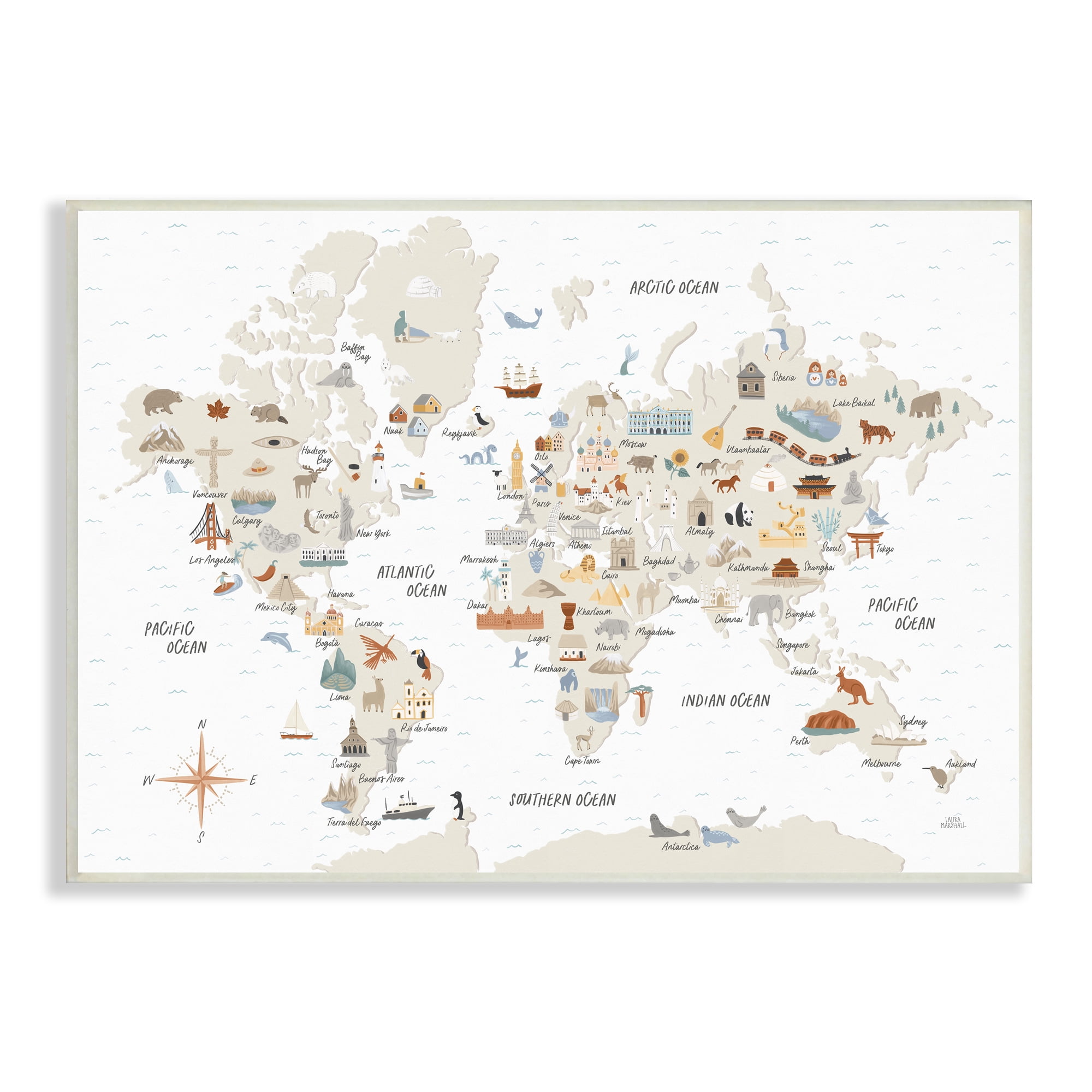 Stupell Indtries World Map of Destination Illtrations Soft Brown Tones,15 x 10,Design by Laura Marshall