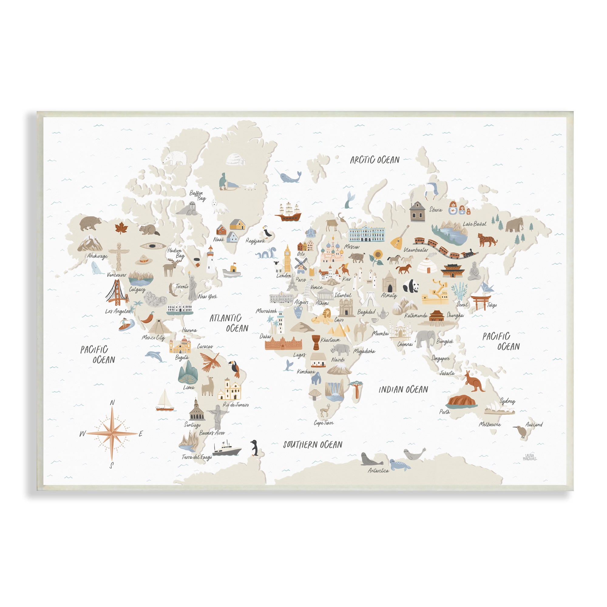 Stupell Indtries World Map of Destination Illtrations Soft Brown Tones,19 x 13,Design by Laura Marshall